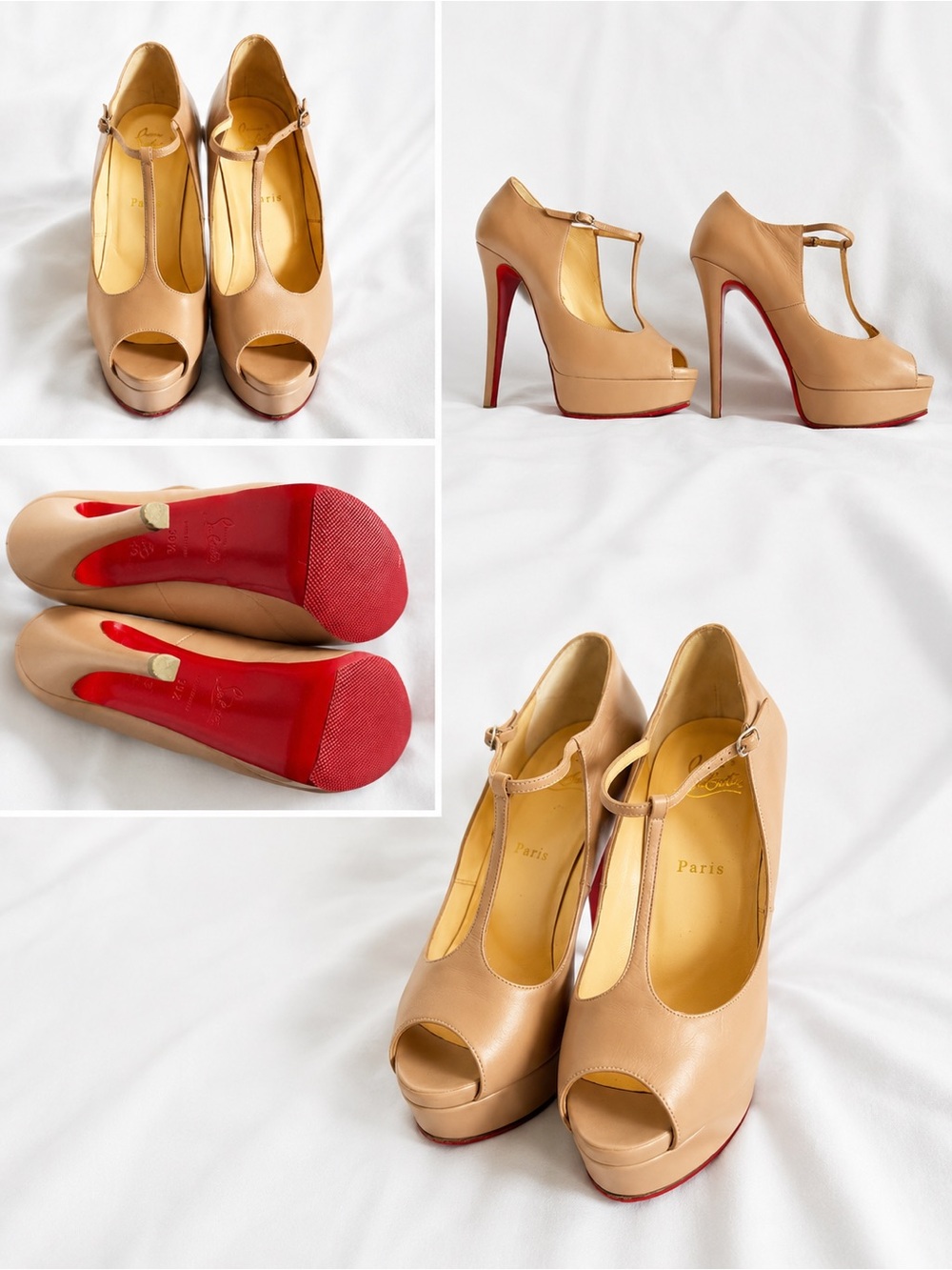 Authentic Louboutin T-Strap Peep Toe Platform Heels - Nude